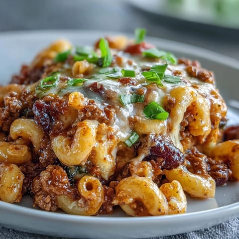 Hearty One-Pan High Protein Chili Mac topped with sour cream, green onions, and crushed tortilla chips.