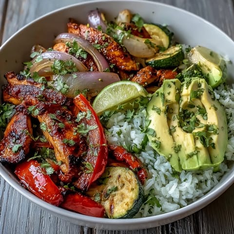 Golden-brown roasted chicken strips and colorful peppers for a Sheet Pan Fajita Bowl, served over fluffy rice.