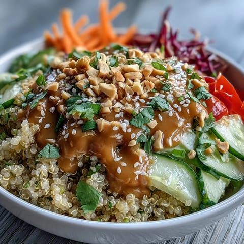 Colorful Thai Coconut Quinoa Bowl with crisp veggies and creamy peanut dressing.