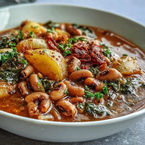 Savory Black-Eyed Pea Stew simmering in a Dutch oven, showcasing tender carrots, potatoes, and sweet onions in tomato broth.
