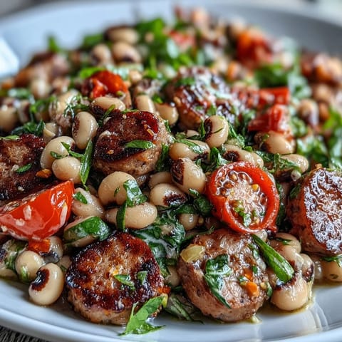 A close-up of Hoppin John style black-eyed pea salad with diced red bell pepper, celery, and turkey sausage, drizzled with a glossy mustard-tarragon dressing.