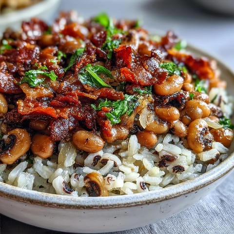 A comforting bowl of Hoppin John, a traditional Southern black-eyed pea dish served over white rice and topped with crispy bacon and hot sauce.