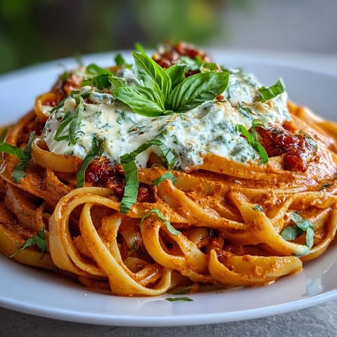A skillet of Creamy Red Pepper Pasta with Burrata & Herbs is garnished with basil on a rustic table.