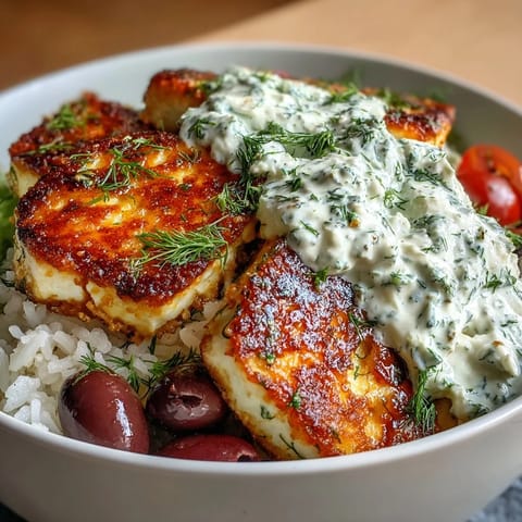 A vibrant Greek Halloumi Power Bowl featuring warm pita wedges and crisp cucumber slices on rice.