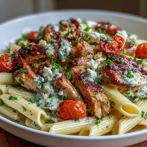 A skillet of roasted garlic and feta chicken pasta tossed with spinach, red onion, and fresh parsley garnish.