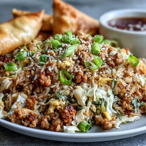 Fork scooping up savory Crispy Chicken Fried Rice with Egg Roll Flavors, featuring crunchy cabbage, carrots, and fluffy rice.