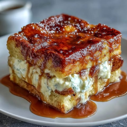 Freshly baked Caramel Cream Cheese French Toast Casserole, with golden edges and a gooey caramel layer, served warm in a baking dish.