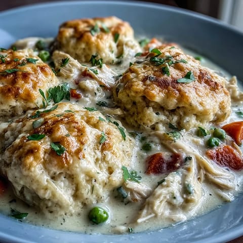 Steam rises from the Slow Cooker Ranch Chicken & Dumplings as golden drop biscuits rest on a rich, chunky vegetable and chicken stew.