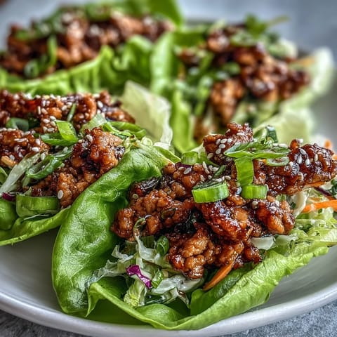 Freshly cooked chicken filling with caramelized edges in butter lettuce cups, featuring shredded carrots and purple cabbage on top. Potsticker-Inspired Chicken Lettuce Boats served on a rustic wooden board with sesame seeds.