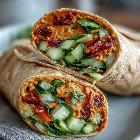 Close-up of a sliced Vegan Sun-Dried Tomato Hummus Veggie Wrap, revealing crunchy carrots, cucumbers, and spinach inside.