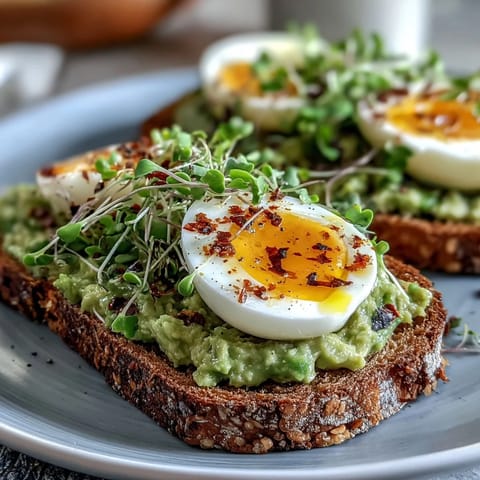A close-up of Clean Eating Avocado Toast with Soft-Boiled Egg and Microgreens, featuring halved egg, lemony avocado, and vibrant microgreens on rustic toast.