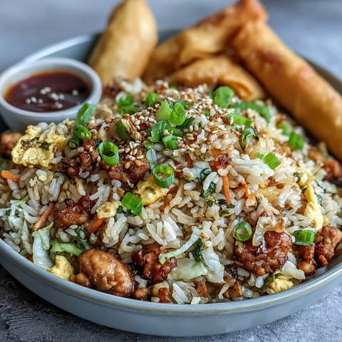 Golden-brown Crispy Chicken Fried Rice with Egg Roll Flavors served steaming hot in a white bowl garnished with sesame seeds.  