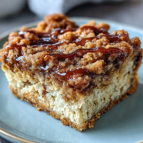 High-protein cinnamon swirl coffee cake oats with a tender baked oat base, cinnamon swirl, and golden crumbly streusel topping.