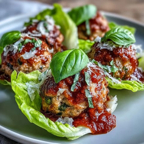 Tender baked turkey meatballs nestled in fresh lettuce cups, drizzled with savory marinara.  