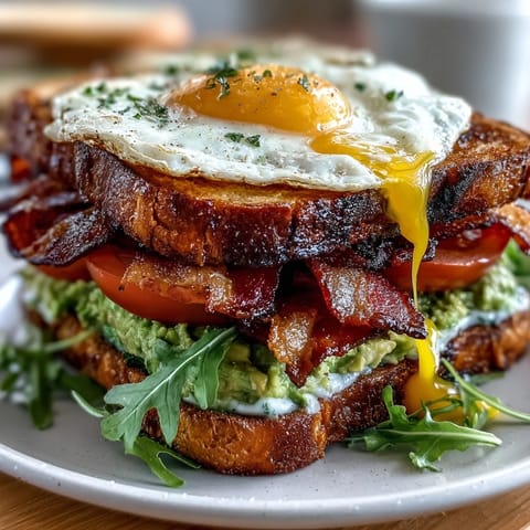 A golden runny egg crowns a towering sourdough stack layered with creamy avocado, crispy bacon, and fresh greens.