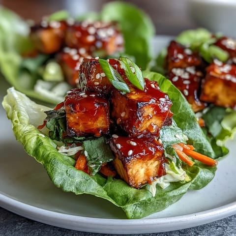 Crispy tofu glazed in sweet chili sauce nestled in crisp lettuce cups with colorful shredded veggie slaw. A vibrant vegan dish perfect for light meals.