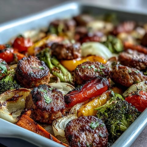 Healthy sheet pan sausage and vegetable dinner featuring caramelized onions, broccoli, and cherry tomatoes for a vibrant meal.  