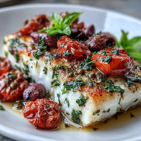 Flavorful cod fillets baked with juicy cherry tomatoes, briny Kalamata olives, and fragrant basil in a Mediterranean-inspired dish.  