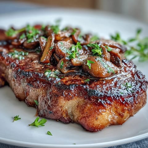 A juicy ribeye steak with a golden wild mushroom and garlic butter topping, served with fresh parsley and lemon.