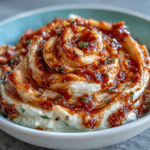 Spicy Calabrian chili cream cheese spread with olive oil and garlic, perfect for bagels or crackers.  