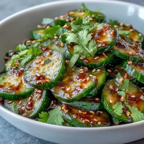 Crunchy cucumber salad tossed in a savory soy-sesame dressing, garnished with toasted sesame seeds and fresh herbs for an Asian-inspired side.