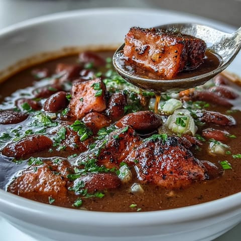 A steaming bowl of ham and red bean soup, rich with tender beans, smoky ham, and aromatic Creole spices.