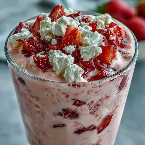 Creamy cottage cheese strawberry smoothie in a glass, garnished with fresh strawberry slices and a sprinkle of chia seeds.  