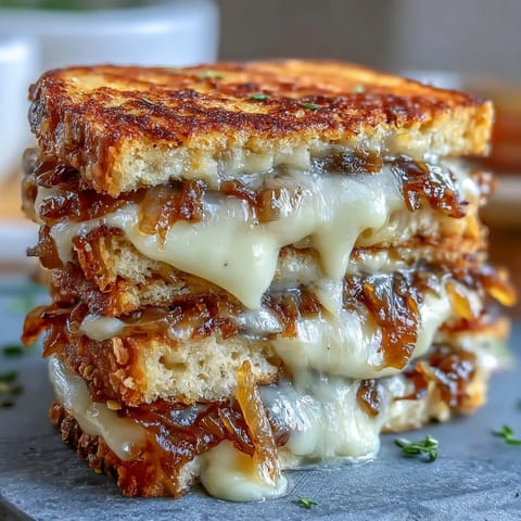 Golden sourdough grilled cheese with caramelized onions and melted Gruyère, a rich French onion twist.  
