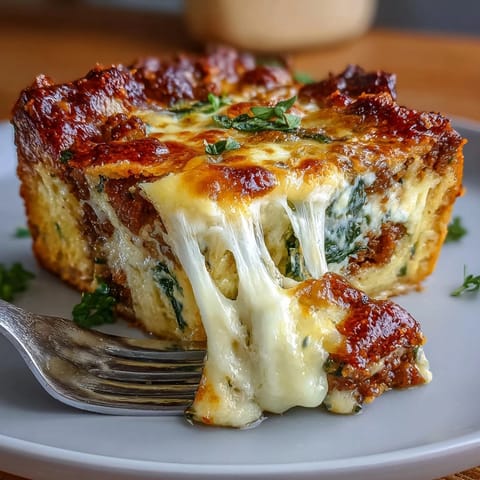 Keto Sausage, Egg, and Spinach Breakfast Bake with golden cheese and savory sausage in a hearty low-carb dish.  
