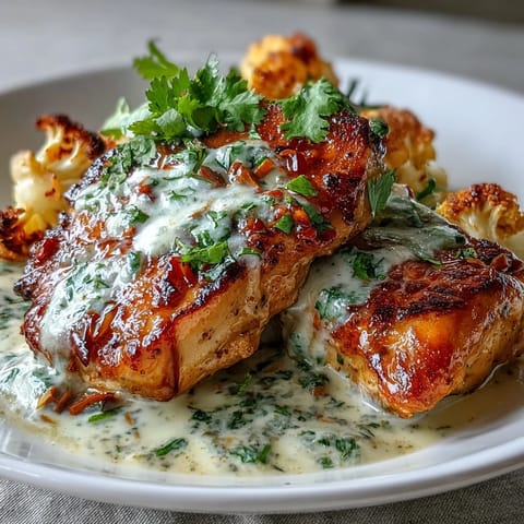 Low-carb Mexican-inspired dinner featuring juicy seared chicken breast smothered in velvety poblano cheese sauce alongside crispy garlic-roasted cauliflower florets.  