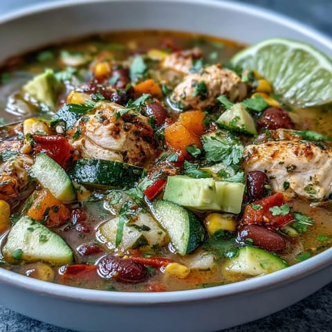 High-Protein Chicken Taco Soup with Veggie Confetti in a steaming bowl, garnished with avocado and cilantro, surrounded by fresh lime wedges and a sprinkle of shredded cheese.