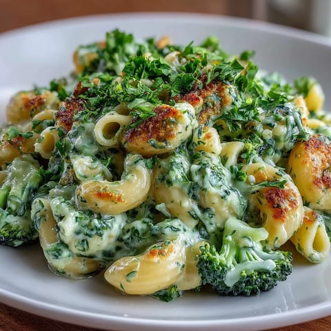 Creamy green mac and cheese with spinach and broccoli, featuring vibrant green sauce and tender pasta in a cheesy blend.  