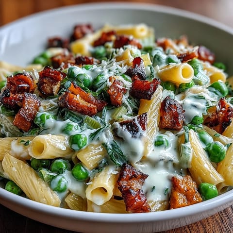 Creamy Leek, Pea, and Ham Pasta with tender pasta, sweet leeks, and savory ham in a rich Parmesan cream sauce.