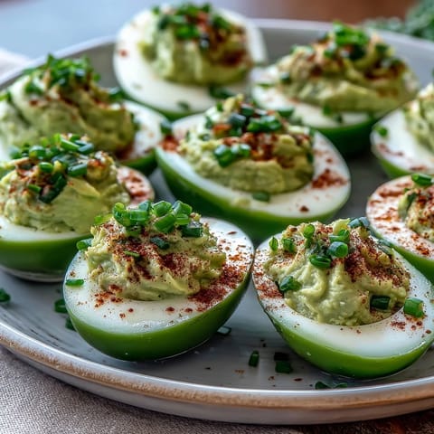 Vibrant green deviled eggs with creamy avocado filling, garnished with chives and paprika for a fresh, healthy appetizer.  