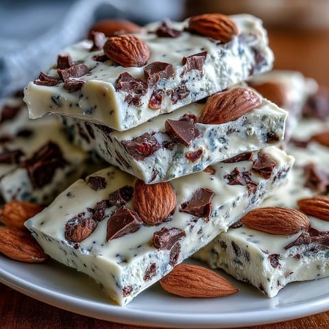 Creamy Greek yogurt and cottage cheese bark swirled with cookie dough flavors and studded with chocolate chips.  