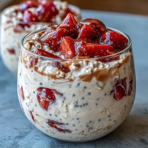 Strawberry vanilla protein overnight oats with chia seeds in a glass jar, topped with fresh sliced strawberries and a sprinkle of chia seeds for a healthy breakfast.