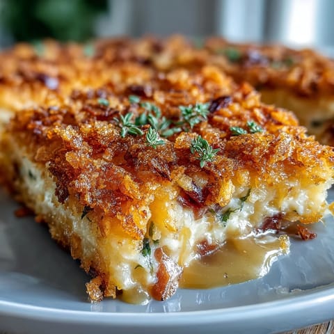 Funeral potatoes and ham breakfast skillet with crispy hash browns, savory ham, and cheesy topping in a cast iron pan.