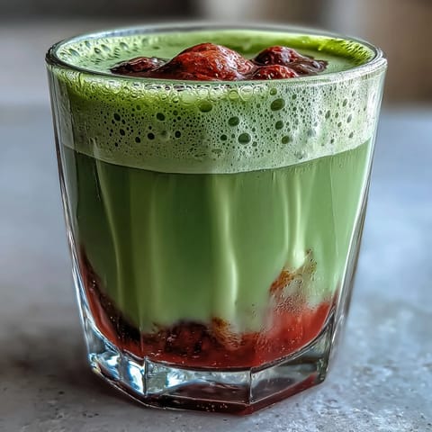 Strawberry Matcha Latte with Oat Milk Foam in two clear glasses, vibrant red strawberry puree topped with creamy green matcha and frothy oat milk foam.