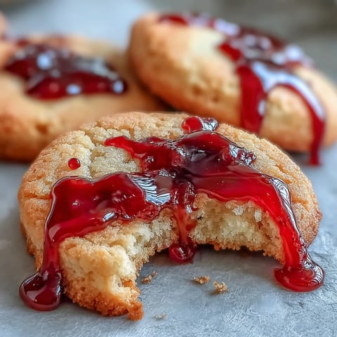 Plate of buttery sugar cookies decorated with red icing "blood" dripping from spooky vampire bite holes, ideal for festive gatherings.  