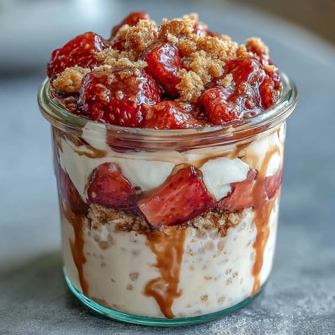 A jar of indulgent strawberry cheesecake overnight oats with Greek yogurt, cream cheese, and sweet strawberry layers for a healthy breakfast.  