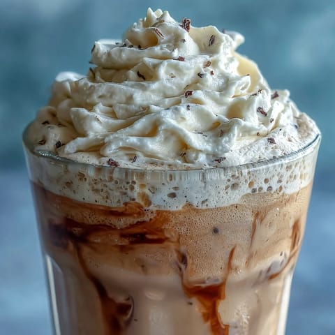 A creamy vanilla bean frappuccino protein shake with frothy almond milk and Greek yogurt, perfect for a post-workout breakfast.