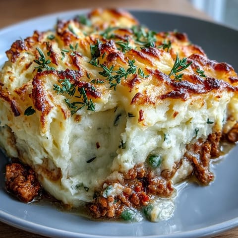 Healthy Turkey Shepherds Pie with creamy cauliflower-potato mash and savory ground turkey filling, baked until golden and bubbling.