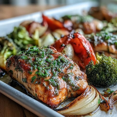 Colorful sheet pan meal of juicy chicken breasts and crisp roasted broccoli, bell peppers, and onions seasoned with Italian herbs.  