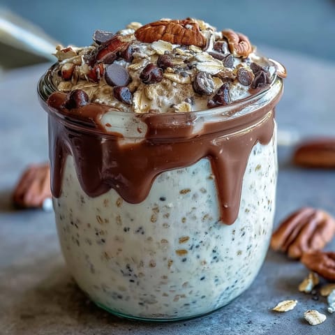 Velvety protein-packed overnight oats layered with mini chocolate chips and crunchy walnuts for a cookie dough-inspired breakfast.  