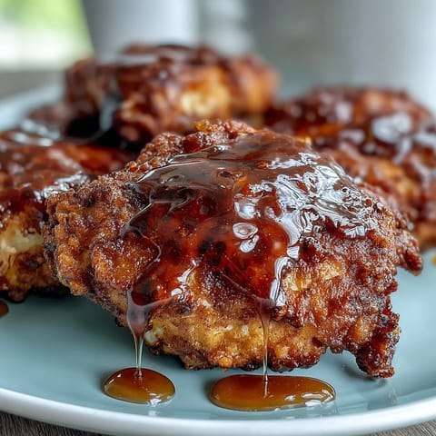 Crispy baked chicken with hot honey drizzle, golden and juicy, served on a rustic plate with Southern flair.