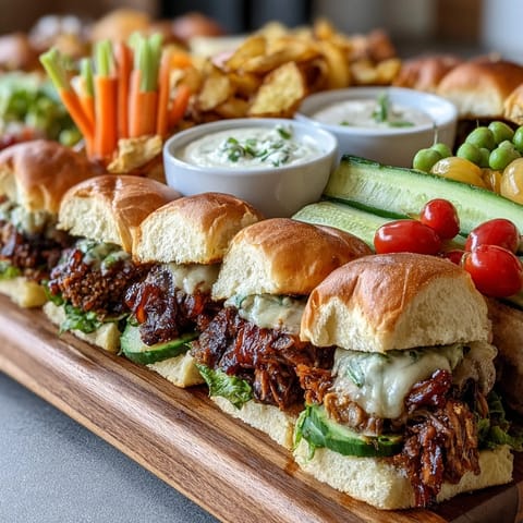 Colorful assortment of BBQ sliders, assorted chips, and crisp veggies on a large platter, perfect for casual gatherings.  