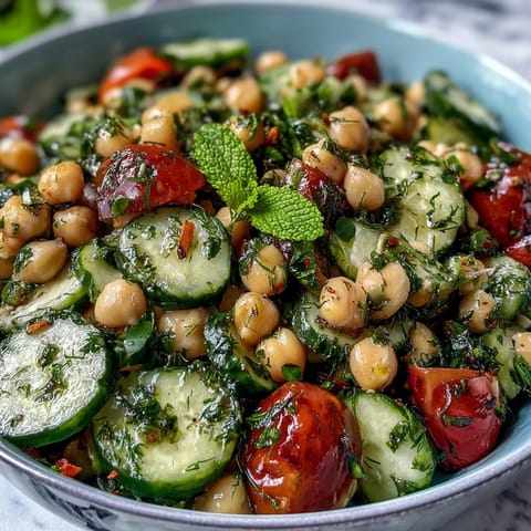 A vibrant cucumber chickpea salad with lemon vinaigrette, packed with crisp veggies and fresh herbs.