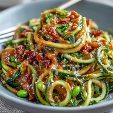 Creamy peanut sauce coats vibrant zucchini noodles and crisp vegetables, garnished with roasted peanuts for added crunch.