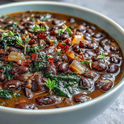 Hearty black-eyed pea and collard green stew with smoky spices and tender vegetables in a savory broth.