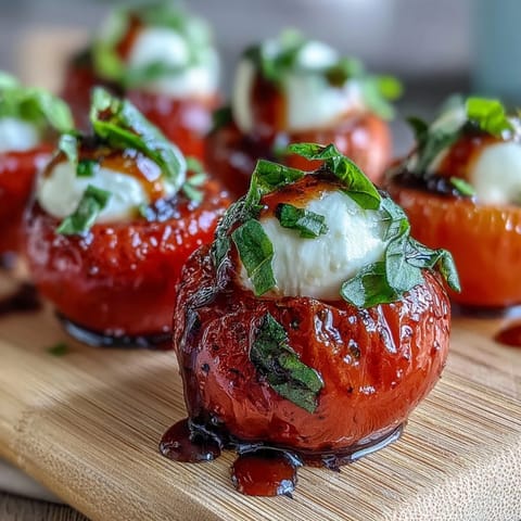 Sweet and tangy strawberry caprese skewers featuring juicy strawberries, creamy mozzarella, and fresh basil leaves.
